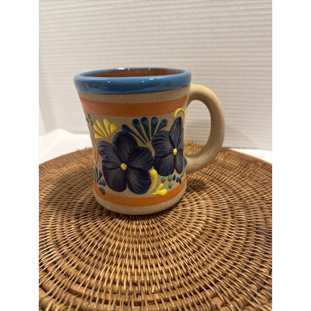 Mexican Pottery~Stoneware Coffee Mug~Hand Painted Floral Folk Art~Hecho